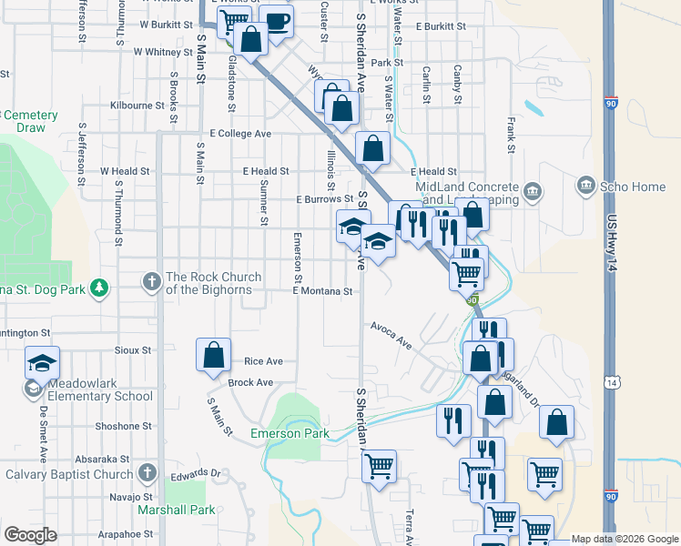 map of restaurants, bars, coffee shops, grocery stores, and more near 1036 Illinois Street in Sheridan