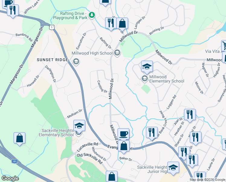 map of restaurants, bars, coffee shops, grocery stores, and more near 105 Highrigger Crescent in Middle Sackville
