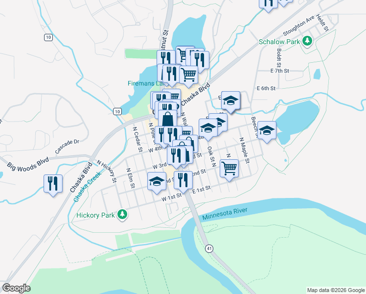 map of restaurants, bars, coffee shops, grocery stores, and more near 350 North Chestnut Street in Chaska