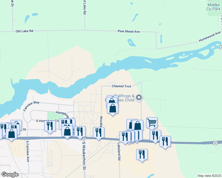 map of restaurants, bars, coffee shops, grocery stores, and more near 130 Channel Trace in Shawano