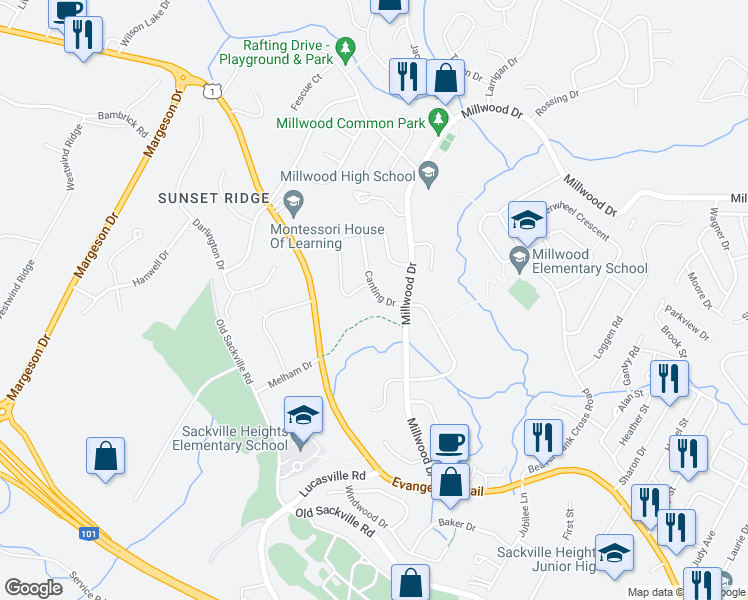map of restaurants, bars, coffee shops, grocery stores, and more near 22 Canting Drive in Middle Sackville