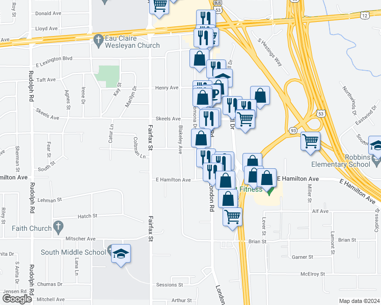map of restaurants, bars, coffee shops, grocery stores, and more near 3113 Blakeley Avenue in Eau Claire