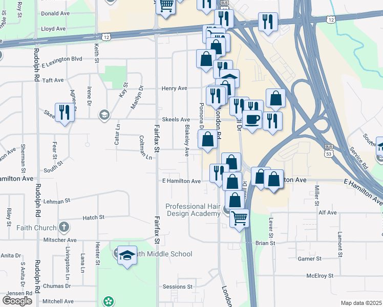 map of restaurants, bars, coffee shops, grocery stores, and more near 3113 Blakeley Avenue in Eau Claire