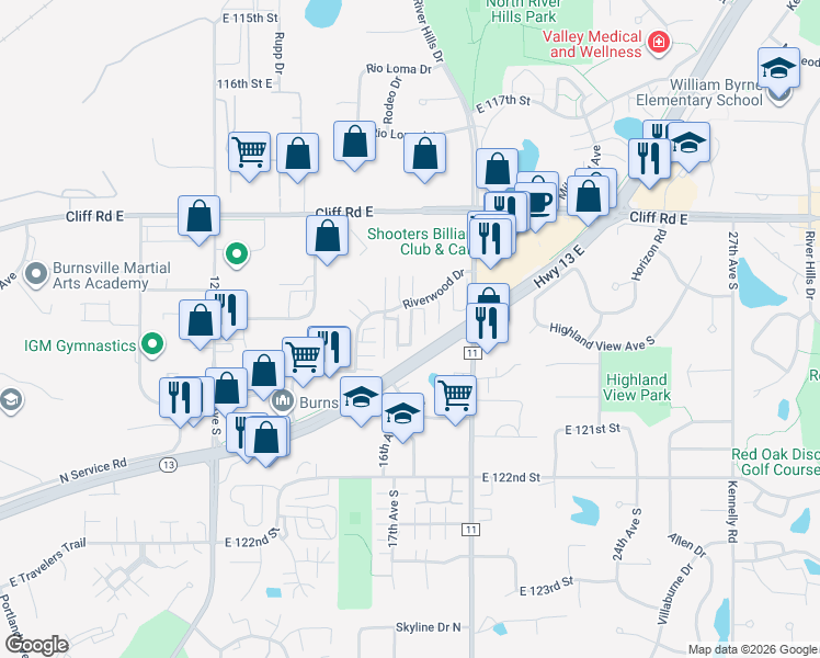 map of restaurants, bars, coffee shops, grocery stores, and more near 1783 Riverwood Drive in Burnsville