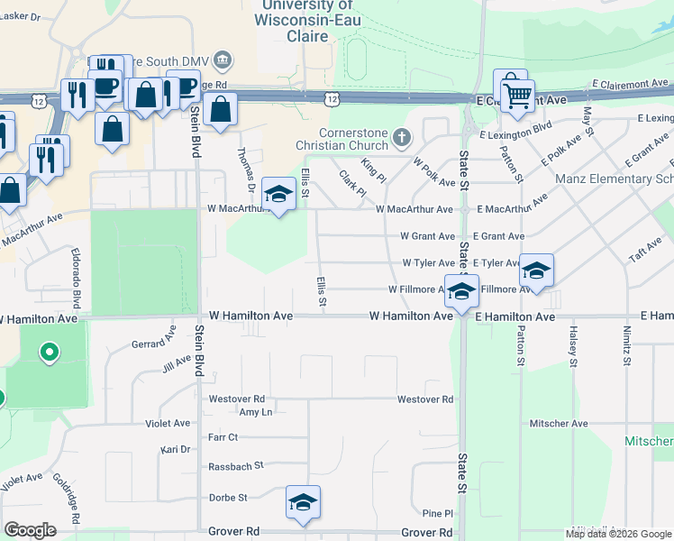 map of restaurants, bars, coffee shops, grocery stores, and more near 404 West Fillmore Avenue in Eau Claire