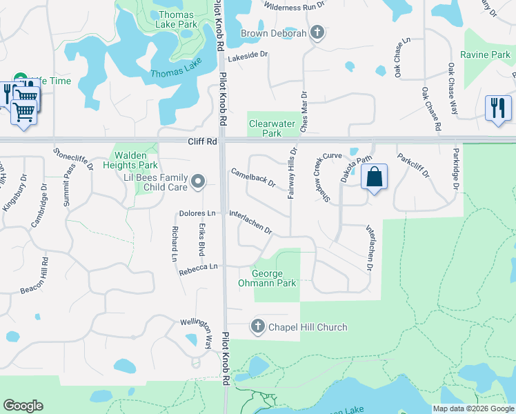 map of restaurants, bars, coffee shops, grocery stores, and more near 1381 Interlachen Drive in Eagan