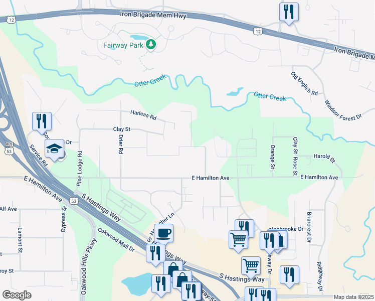 map of restaurants, bars, coffee shops, grocery stores, and more near 4567 Springfield Drive in Eau Claire
