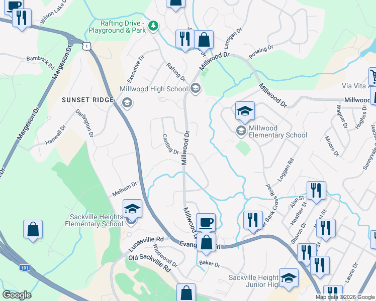 map of restaurants, bars, coffee shops, grocery stores, and more near 105 Highrigger Crescent in Middle Sackville
