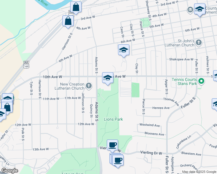 map of restaurants, bars, coffee shops, grocery stores, and more near 1001 Adams Street South in Shakopee