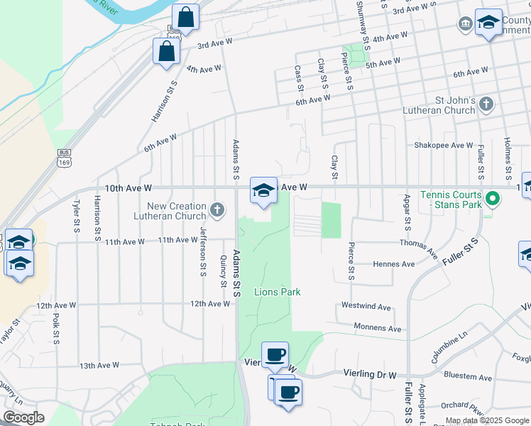 map of restaurants, bars, coffee shops, grocery stores, and more near 1001 Adams Street South in Shakopee