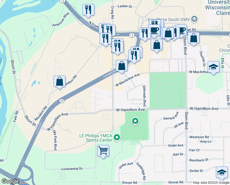 map of restaurants, bars, coffee shops, grocery stores, and more near 3117 Craig Road in Eau Claire
