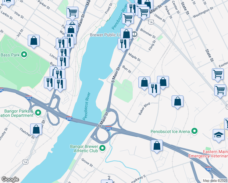 map of restaurants, bars, coffee shops, grocery stores, and more near 207 South Main Street in Brewer