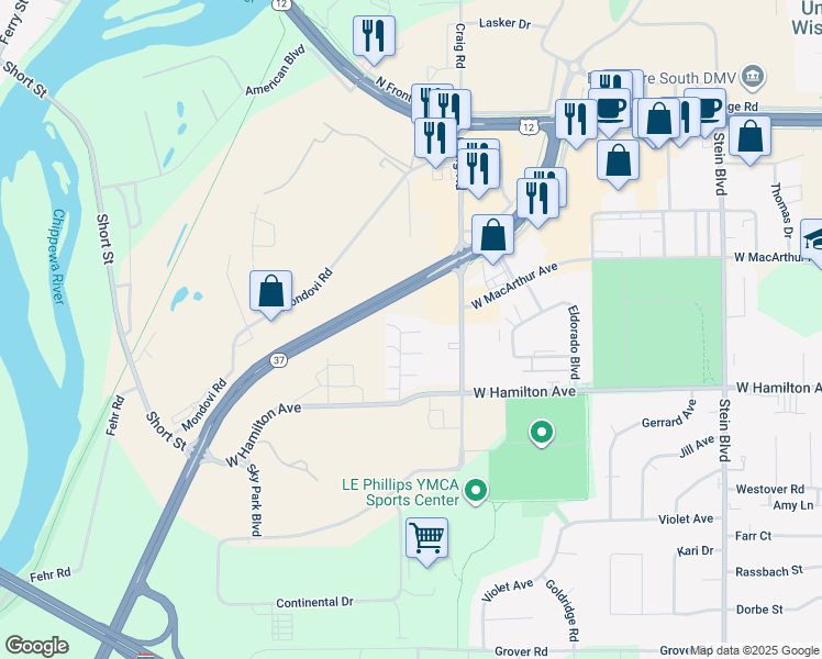 map of restaurants, bars, coffee shops, grocery stores, and more near 3139 Hidden Place in Eau Claire