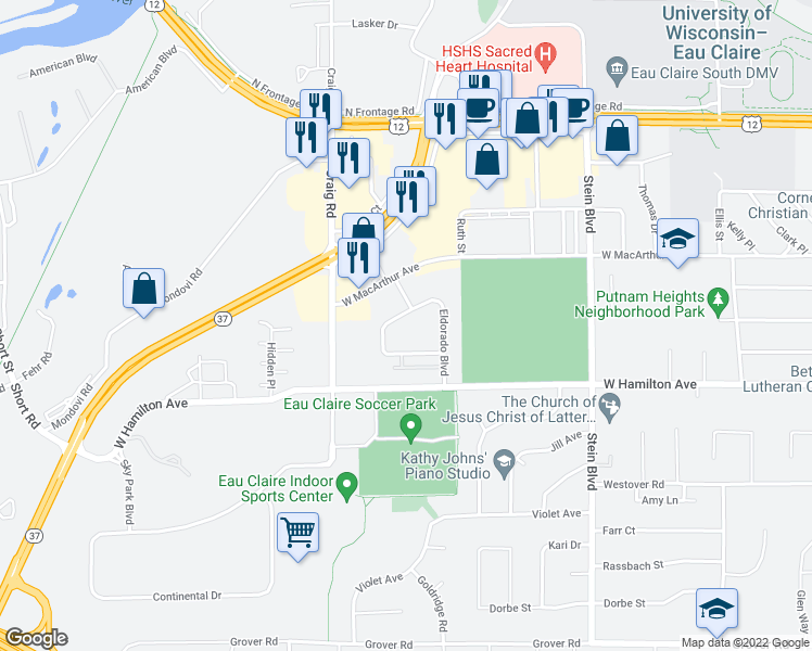 map of restaurants, bars, coffee shops, grocery stores, and more near 1153 Imperial Circle in Eau Claire