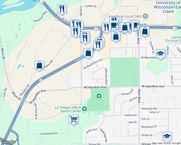 map of restaurants, bars, coffee shops, grocery stores, and more near 3117 Craig Road in Eau Claire