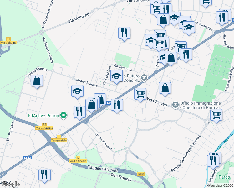 map of restaurants, bars, coffee shops, grocery stores, and more near 124-132 Via la Spezia in Parma