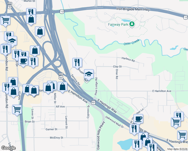 map of restaurants, bars, coffee shops, grocery stores, and more near 3105 Pine Lodge Road in Eau Claire