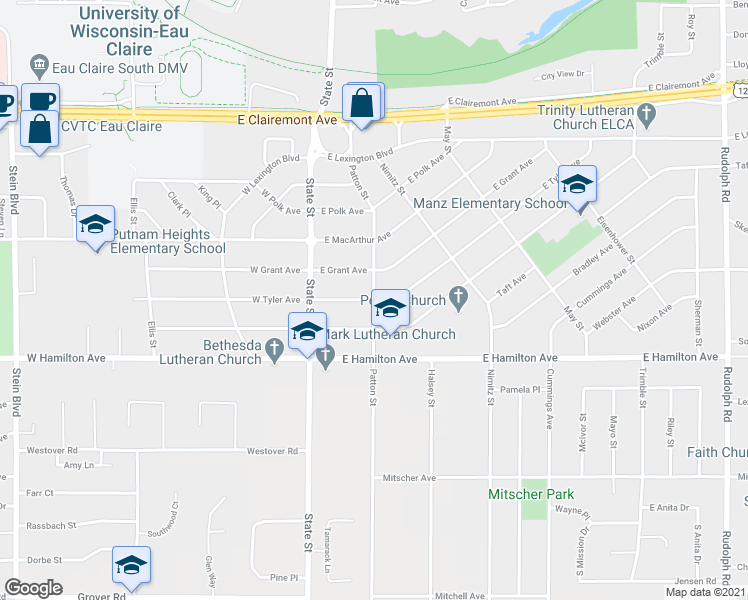 map of restaurants, bars, coffee shops, grocery stores, and more near Patton St & E Tyler Ave in Eau Claire