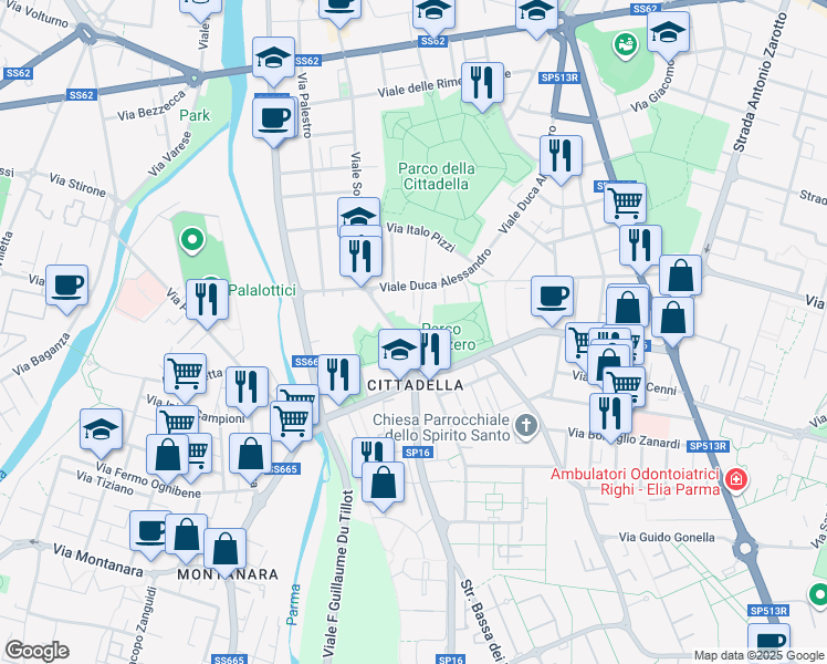map of restaurants, bars, coffee shops, grocery stores, and more near 19 Via Carlo Innocenzo Frugoni in Parma