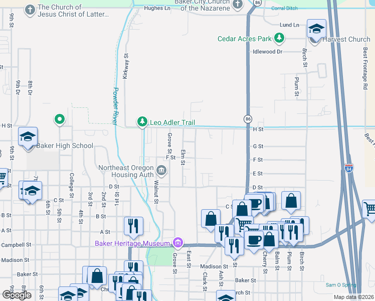 map of restaurants, bars, coffee shops, grocery stores, and more near 3130 Elm Street in Baker City
