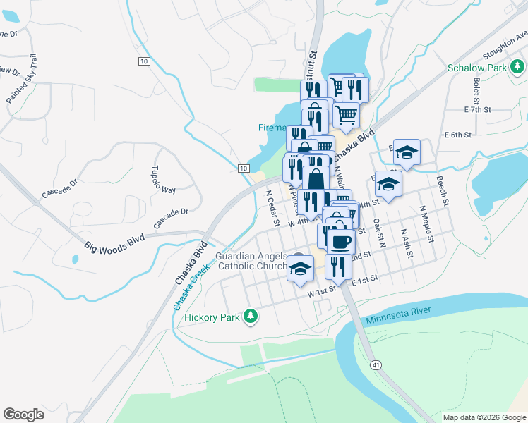 map of restaurants, bars, coffee shops, grocery stores, and more near 407 North Cedar Street in Chaska