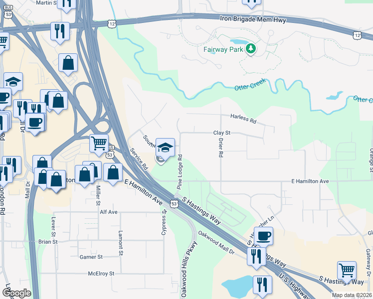 map of restaurants, bars, coffee shops, grocery stores, and more near 3105 Pine Lodge Road in Eau Claire