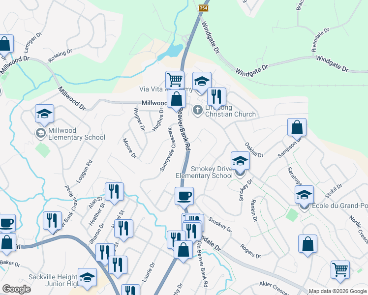 map of restaurants, bars, coffee shops, grocery stores, and more near 153 Beaver Bank Road in Lower Sackville