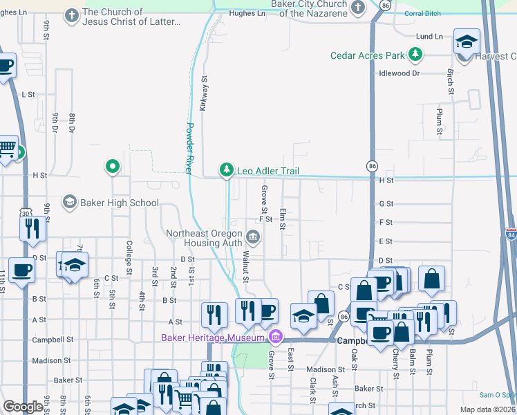 map of restaurants, bars, coffee shops, grocery stores, and more near 3115 Grove Street in Baker City