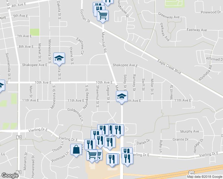 map of restaurants, bars, coffee shops, grocery stores, and more near 1029 Legion Street South in Shakopee