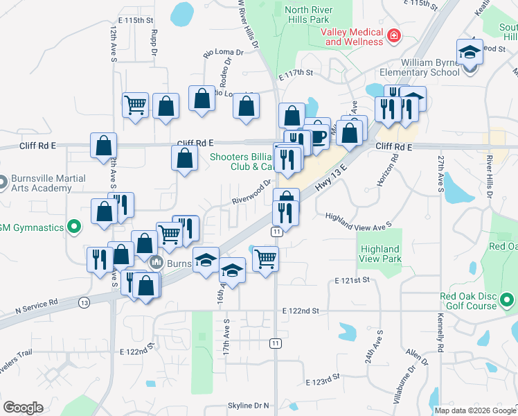 map of restaurants, bars, coffee shops, grocery stores, and more near 1849 Riverwood Drive in Burnsville