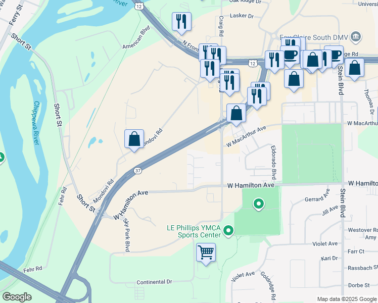 map of restaurants, bars, coffee shops, grocery stores, and more near 3146 Hidden Place in Eau Claire