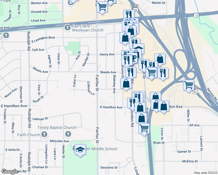 map of restaurants, bars, coffee shops, grocery stores, and more near 2404 Corona Avenue in Eau Claire