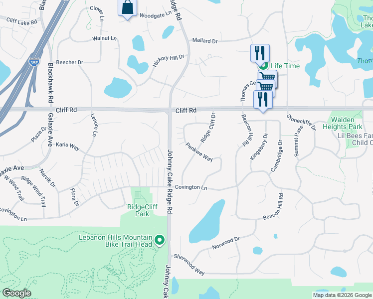 map of restaurants, bars, coffee shops, grocery stores, and more near 4657 Ridge Cliff Drive in Eagan