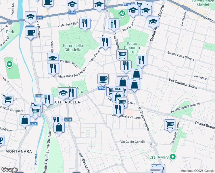 map of restaurants, bars, coffee shops, grocery stores, and more near 5 Via Attila Alberti in Parma