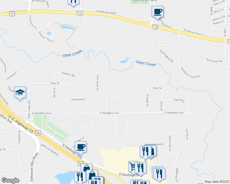 map of restaurants, bars, coffee shops, grocery stores, and more near 4868 Otteson Lane in Eau Claire