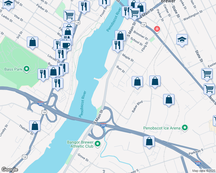 map of restaurants, bars, coffee shops, grocery stores, and more near 207 South Main Street in Brewer