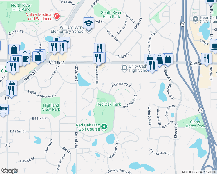 map of restaurants, bars, coffee shops, grocery stores, and more near 3101 Red Oak Circle South in Burnsville