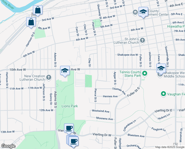 map of restaurants, bars, coffee shops, grocery stores, and more near 1030 Pierce Street South in Shakopee
