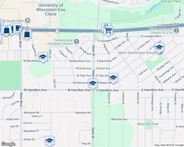 map of restaurants, bars, coffee shops, grocery stores, and more near 122 West Fillmore Avenue in Eau Claire