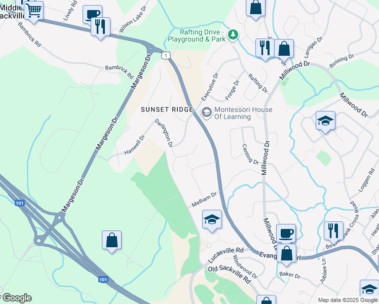map of restaurants, bars, coffee shops, grocery stores, and more near 58 Wakefield Court in Middle Sackville