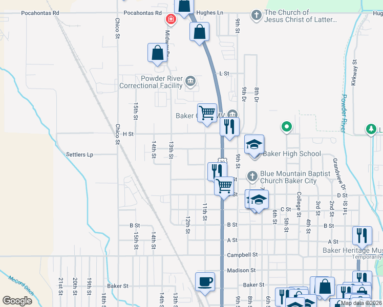map of restaurants, bars, coffee shops, grocery stores, and more near 3185 11th Street in Baker City