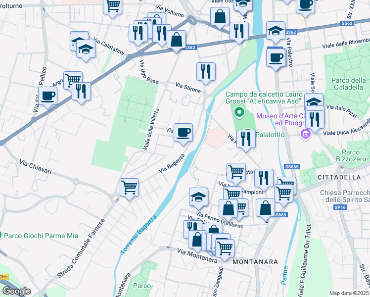 map of restaurants, bars, coffee shops, grocery stores, and more near 8 Via Taro in Parma
