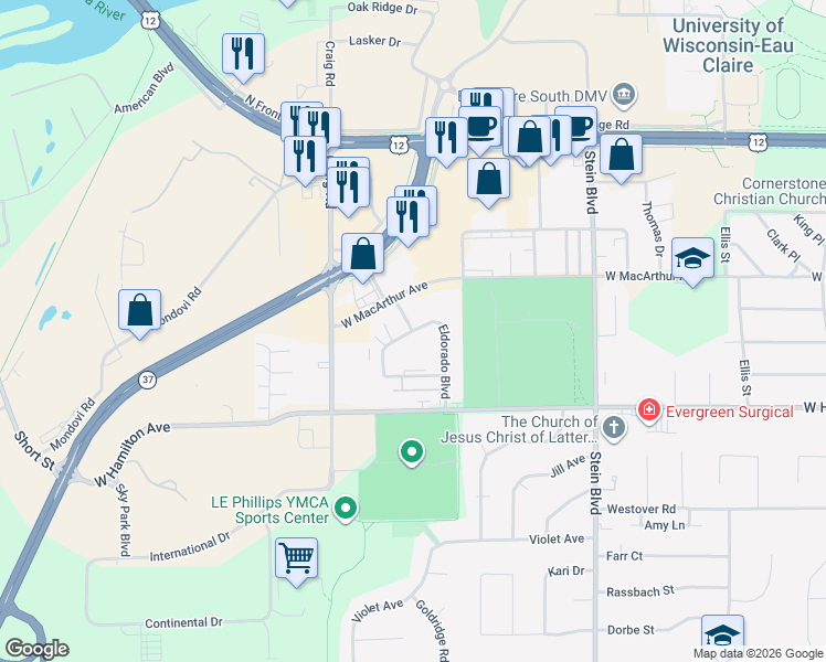 map of restaurants, bars, coffee shops, grocery stores, and more near Imperial Circle in Eau Claire