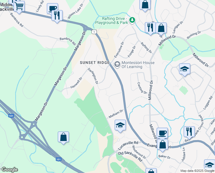 map of restaurants, bars, coffee shops, grocery stores, and more near 58 Wakefield Court in Middle Sackville