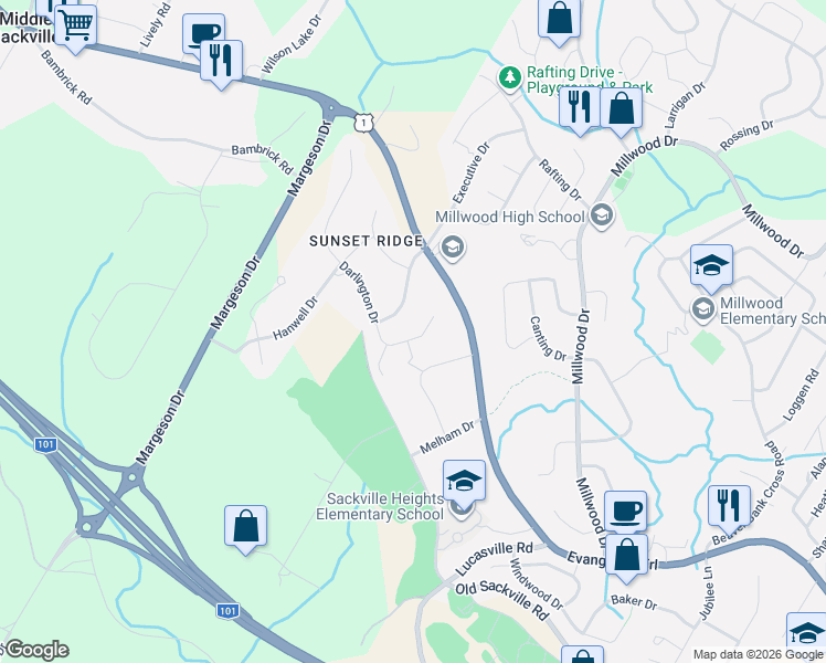 map of restaurants, bars, coffee shops, grocery stores, and more near 58 Wakefield Court in Middle Sackville