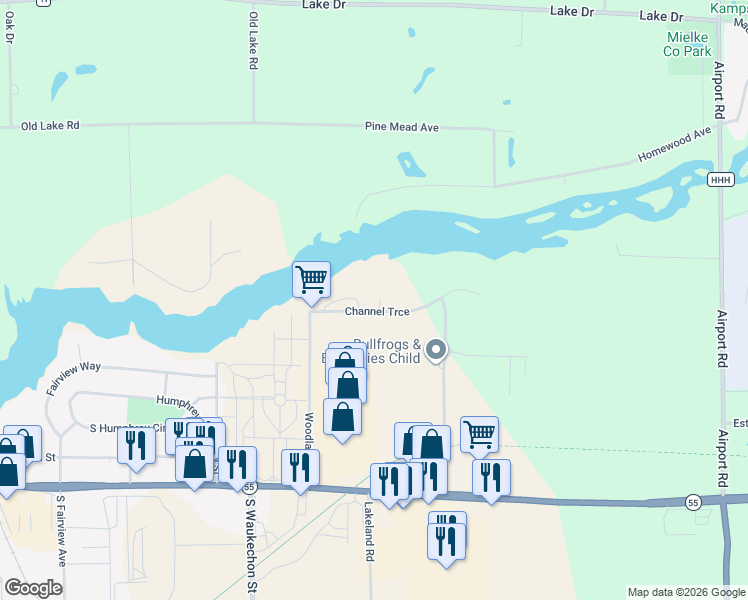map of restaurants, bars, coffee shops, grocery stores, and more near 209 Channel Trace in Shawano