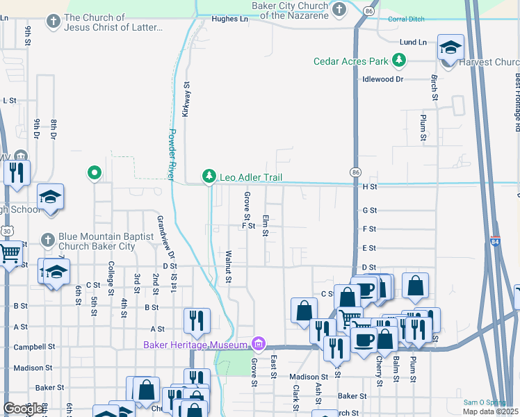map of restaurants, bars, coffee shops, grocery stores, and more near 3245 Elm Street in Baker City