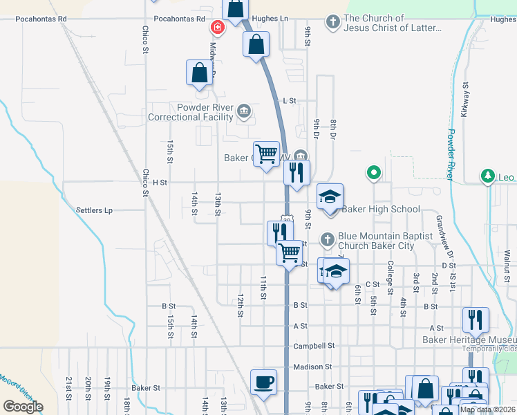 map of restaurants, bars, coffee shops, grocery stores, and more near 3185 11th Street in Baker City