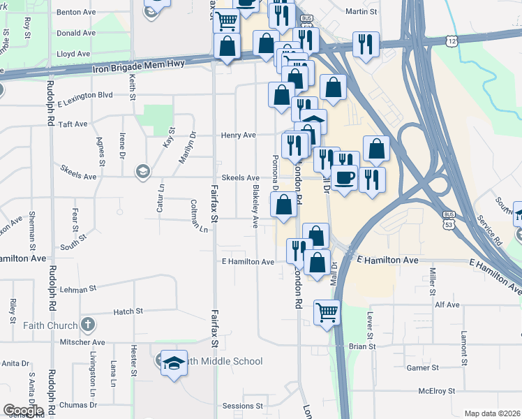 map of restaurants, bars, coffee shops, grocery stores, and more near 2921 Blakeley Avenue in Eau Claire
