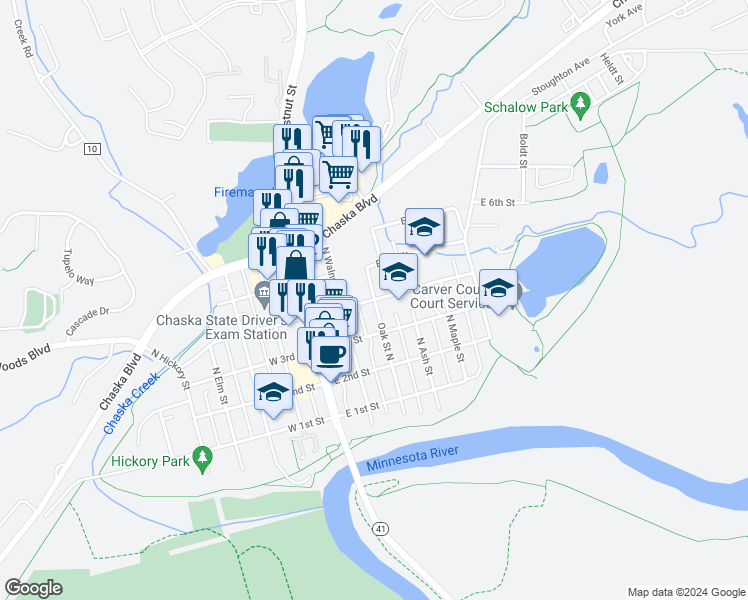 map of restaurants, bars, coffee shops, grocery stores, and more near 298 East 4th Street in Chaska